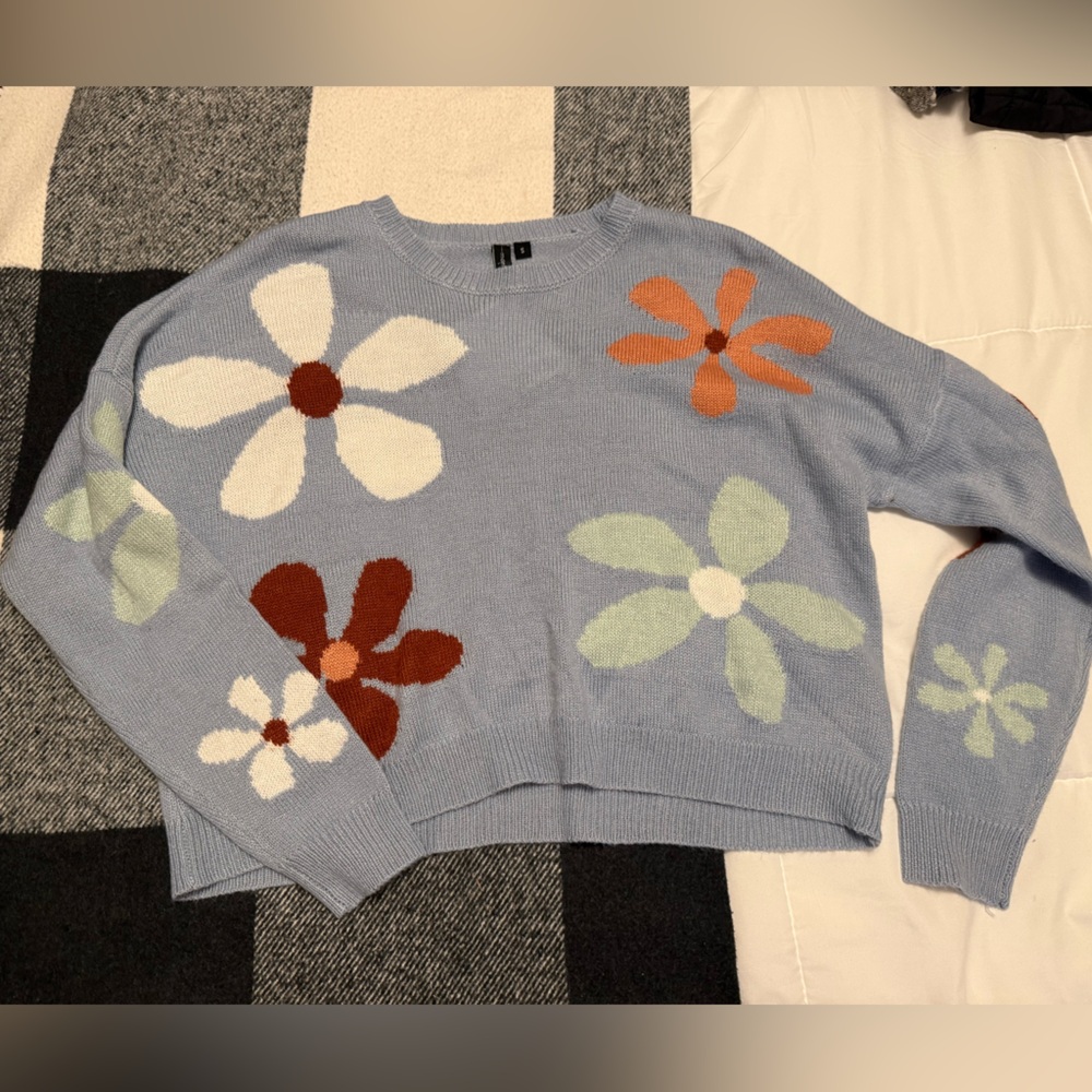 moon & madison Floral Crew Neck Sweater - Blue, White, Red, Green